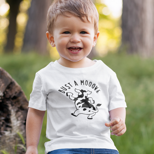 bust a mooove short sleeve toddler t-shirt, black and white cow dancing